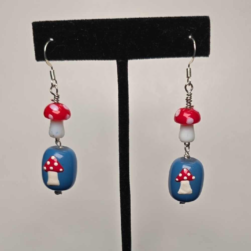 Whimsical Red and Blue Mushroom Earrings